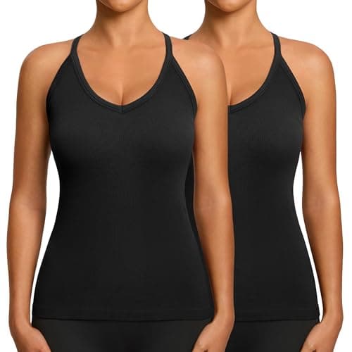 Missclub Built in Bra Tops for Women Workout Seamless Ribbed Stretchy Tank Tops Black Sleeveless Basic Brami - Image 1