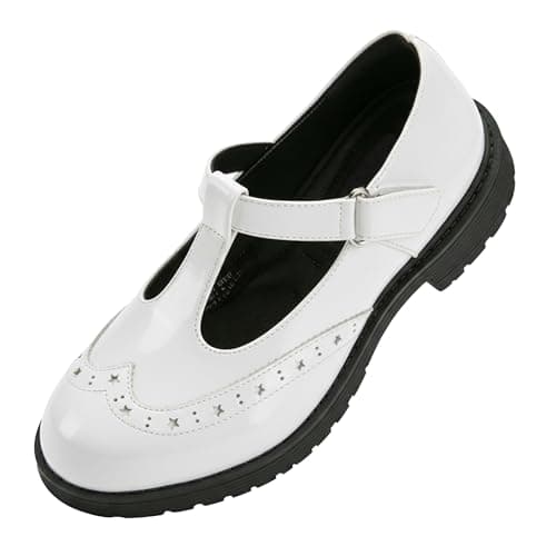 PATPAT Girls School Shoes Mary Jane Shoes Uniform Dress Flats T-Strap Chunky Heel Round Toe Loafers Oxfords for Little/Big Kids White size9 - Image 1
