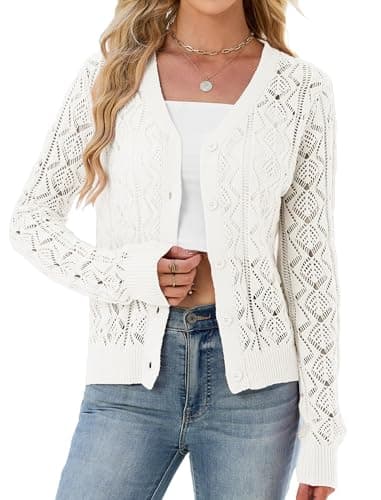 ZAFUL Womens Crochet Cardigan Cotton Long Sleeve Sweaters Trendy Lightweight Button Down Knit Shrugs Tops White XL - Image 1