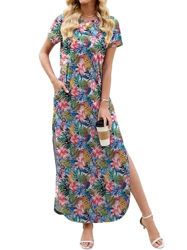 Heymoments Womens Summer Maxi Dress Floral Print Large Short Sleeve Casual Loose Fitted Long T Shirt Ladies Flowy Dresses Split Cute Vacation Party Beach Travel Elegant Sundress with Pockets - Image 1