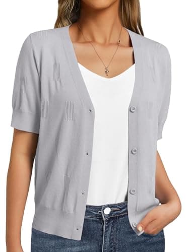 GKBK Womens Cardigan Short Sleeve Cropped Lightweight Knit Sweater Soft Spring Business Casual Office Outfits Trendy Fashion 2026 Gray Large - Image 1