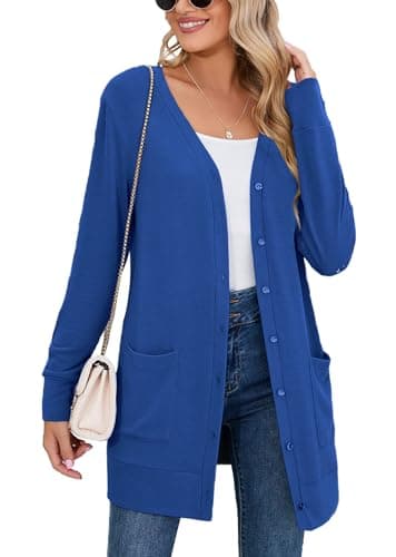Heymoments Women's Long Sleeve Open Front Cardigan Klein Blue Small Button Down Ladies Loose Ribbed 2026 Fall Winter Lightweight Knit Outerwear Coat with Pocket - Image 1
