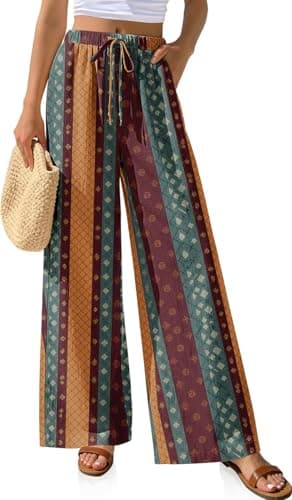 TARSE Women Linen Palazzo Pants Summer Wide Leg Casual Lounge Pant 2026 Beach Travel Vacation Outfits(StripeColorful,L) - Image 1