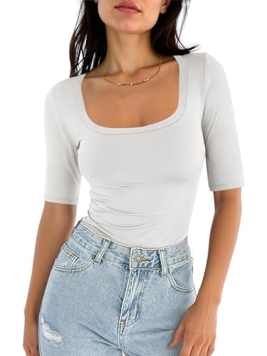 ANRABESS Womens Half Sleeve Tops Square Neck Slim Fit T-Shirt Summer 2026 Fashion Casual Basic Tee Shirts Spring Work Outfits White Large - Image 1