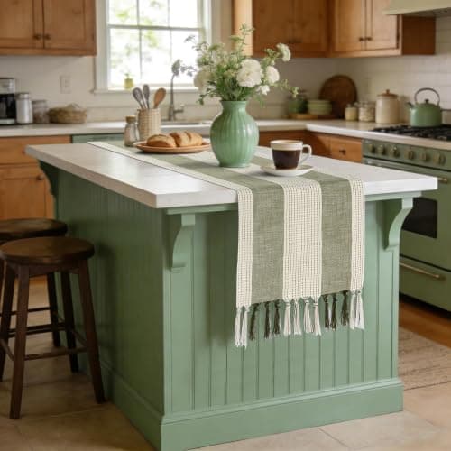yuboo Sage Green Table Runner 72 Inches, Cotton Linen Farmhouse Dresser Runners for Bedroom, Rustic Woven Boho Coffee Table Decor with Tassels for Dining Room, Kitchen, Spring Holiday Party - Image 1