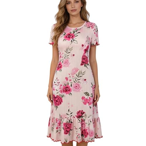 Eternatastic Women's Floral Print Short Sleeve Nightgown Crew Neck House Dresses Loungewear Ribbed Sleep Dress Nightshirt XL Pink