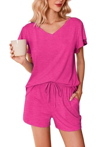 Ekouaer Ladies Pajama Sets Flowers Printed Soft Loungewear Cute Ruffle Sleeve Comfy Sleepwear,XX-Large,Rose Red - Image 1