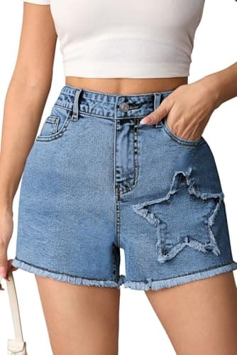 Pink Queen Women's Summer Jean Shorts 2026 Fashion Frayed Ripped Denim Shorts Casual Star/Bow Frayed Hem Hot Shorts with Pockets Blue S