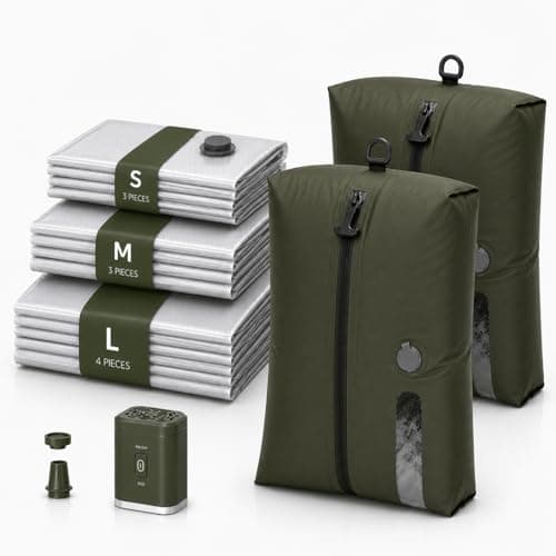 12 Pack Travel Vacuum Bags with Rechargeable Pump, 10 Clear PA and PE Compression Bags and 2 Green 18L TPU Pouches, Space Saver Vacuum Storage Bags for Camping, Beach, Travel and Home