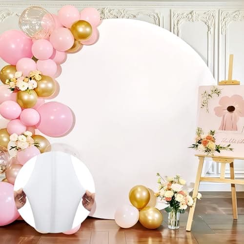Quandjk 7.2 FT White Round Backdrop Cover, Double-Sided Circle Fabric Photo Background with Zipper for Photography Party Birthday Wedding Baby Shower Home Decorations (Elastic) - Image 1