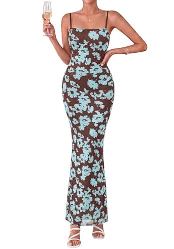 BTFBM Womens Summer Maxi Dress 2026 Floral Mesh Spaghetti Straps Sleeveless Sexy Bodycon Wedding Cocktail Party Dresses(Floral Blue, Large) - Image 1