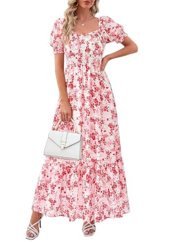 PRETTYGARDEN Women's Floral Boho Maxi Dresses Flowy Short Sleeve A Line Smocked Eyelet 2026 Summer Beach Vacation Clothes (Floral White Red,Small) - Image 1