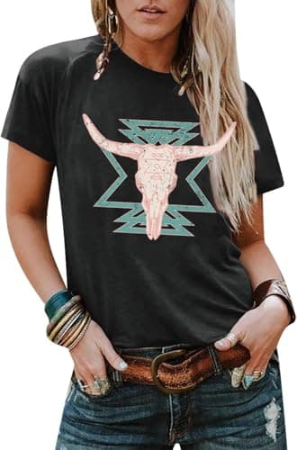Western Shirts for Women Vintage Cow Skull Graphic Tshirts Casual Cowgirl Short Sleeve Tee Top - Image 1