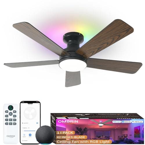 Ombrin 42 Inch Ceiling Fans with Lights, Smart Ceiling Fan with Alexa Google App, Black Ceiling Fan with RGB Lights Remote, 6 Speeds Reversible DC Motor, Modern Flush Mount for Bedroom Living Room - Image 1