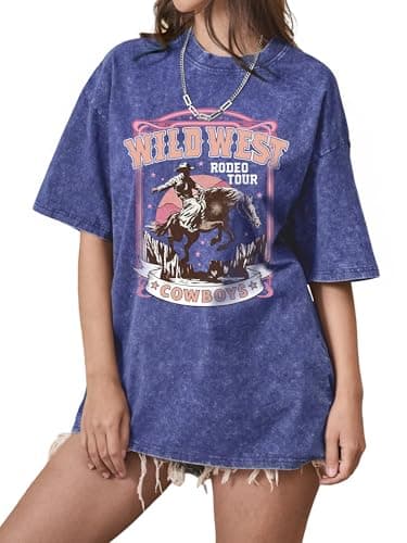 Western Shirts for Women Oversized Graphic Tees Vintage Cowboy Rodeo T Shirts Acid Wash Cattle Skull Casual Short Sleeve Tops - Image 1