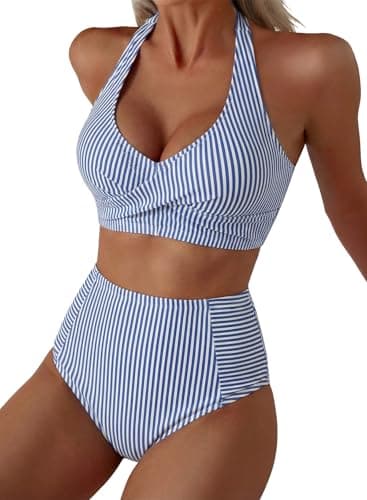 Herseas Women's Plus Size Bikini Sets Halter Patch Pocket Push Up Top Swimsuits 2026 Striped High Waisted 2 Piece Tummy Control Bathing Suit Summer Beach Vacation Outfits Blue Stripe XX-Large - Image 1
