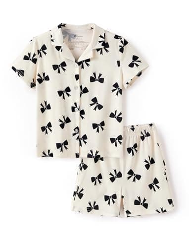 PATPAT Girls Summer Pajama Sets Button-up Shirt and Shorts Pajamas 2 PCS Soft Pjs for Teen Girls Beige Bow Printed 9 Years - Image 1