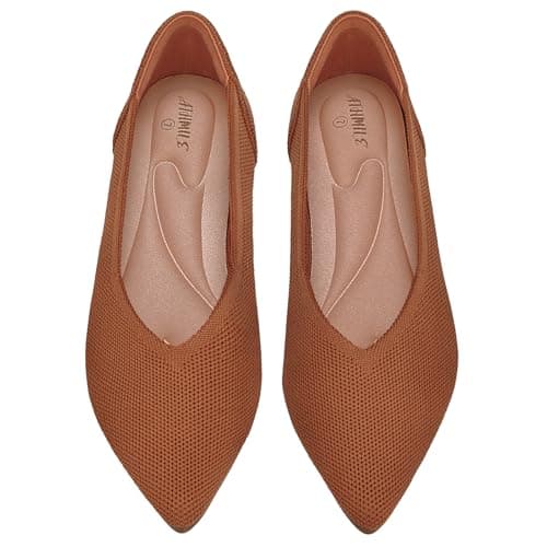 ATHMILE Pointed Toe Flats for Women Ultra-Comfortable Knit Ballet Flats Shoes for Women with Memory Foam & Padding, Machine Washable Womens Flats for Work Office Casual Wedding Brown Size 6 - Image 1
