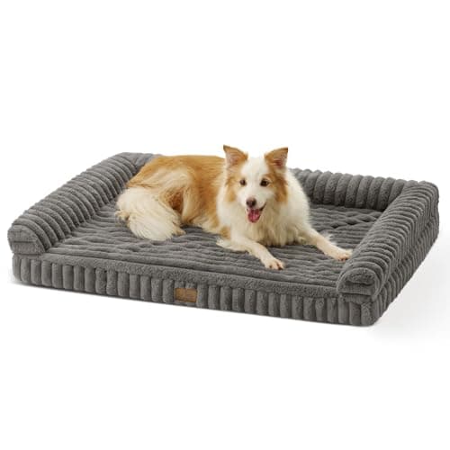 COZY KISS Ultra Soft Faux Rabbit Fur Dog Bed for Large Dogs – 44"x32" Orthopedic Foam Couch, Removable Washable Cover & Waterproof Lining, Grey