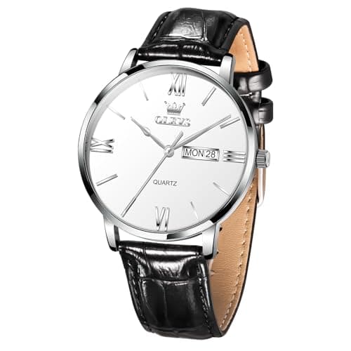 OLEVS Watches for Men Leather Watch Mens Waterproof Watches Casual Dress Luxury Analog Quartz Watch Black Leather Band, Roman Numerals & Big Face for Large Wrist Minimalist Relojes para Hombres - Image 1