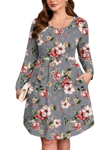 AusLook Women's Plus Size Long Sleeve Midi Dress Crewneck Casual Empire Waist Loose Flowy Dresses A-Line Boho Party 2025 Fall Winter Long Creamy Vintage Blossom 5X Dress with Pockets - Image 1