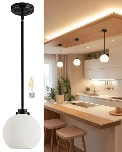 Majade Globe Pendant Lights Mid Century Modern Kitchen Island Pendant Light Fixtures 7.4 Inch Black Brass Pendant Lighting with Milk Glass Adjustable Hanging Light Fixtures for Dining Room living room - Image 1