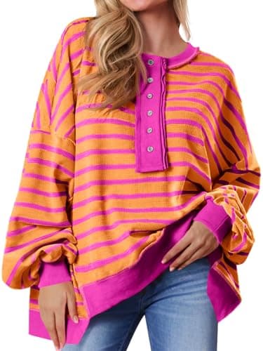 Tankaneo Womens Oversized Striped Sweatshirts Henley Shirts Color Block Casual Pullover Waffle Knit Tops Orange - Image 1