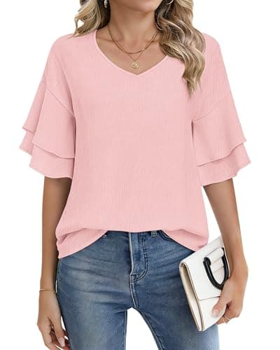 AUSELILY Pink Summer Blouses for Women 2026 Ruffled Shirt Sleeve Top V Neck Shirts Casual Bell Sleeve Tunics Spring Fall Pink Summer Fashion Clothes Vacation Outfit Light Pink X-Large - Image 1