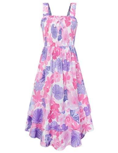 GRACE KARIN Party Dresses for Girls Elastic Straps Smocked Maxi Long Casual Boho Dress 8-10,Pink Purple Tropical - Image 1