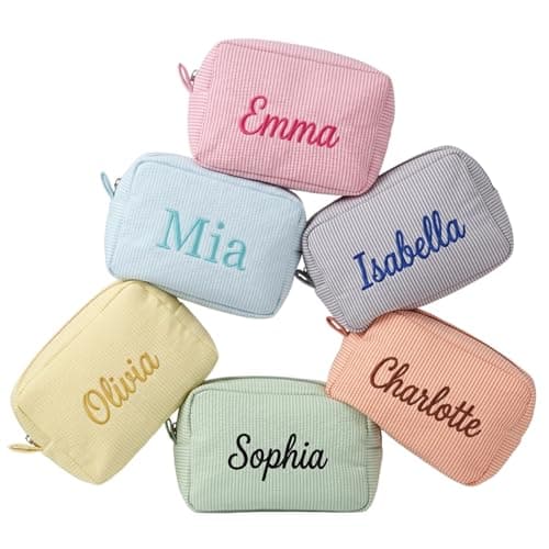 Toodoumama Personalized Makeup Bag Custom Name Embroidered Cosmetic Pouch, Cotton Seersucker Striped Travel Toiletry Organizer, Gifts for Bridesmaid Women (Flat Pouch) - Image 1