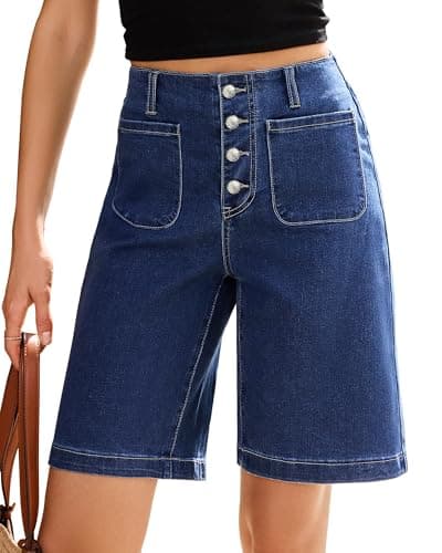 Vetinee Womens Bermuda Shorts Button Fly Summer Casual Cute High Waisted Patch Pocket Comfy Shorts for Women Jorts Darkness Blue X-Large - Image 1