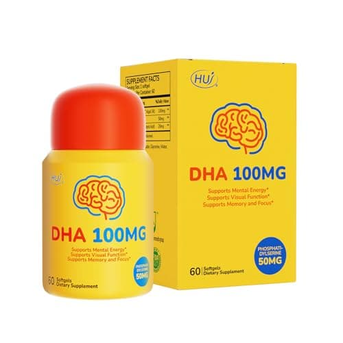 HUJ DHA 100mg - Kids DHA Supplemnent - Algal Oil - Contain DHA, Phosphatidyserine & GABA - Supports Mental Energy,Visual Function,Memory and Focus* - 60 Softgels - Image 1