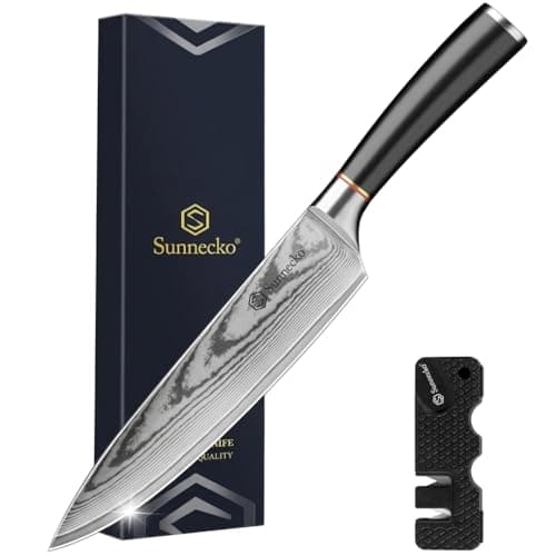 Sunnecko 8 Inch Chef Knife, Japanese Damascus VG10 Professional Kitchen Blade for Meat Vegetable Slicing, Ultra Sharp Cooking Tool with Manual Sharpener & Gift Box Packaging, Multi-purpose Chefs Knife - Image 1