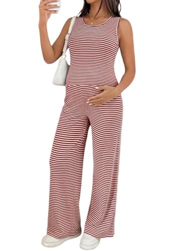 BLENCOT Women's Maternity 2 Piece Outfits Striped Sleeveless Crop Tank Top High Waist Maternity Set Red XL - Image 1