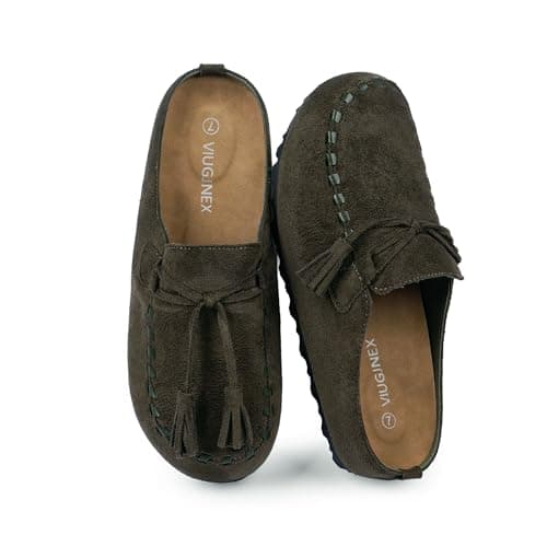 VIUGJNEX Womens Clogs Slip on Tassel Fringe Suede Mules for Women Comfortable Footbed Loafers Potato Shoes with Arch Support Round Toe Office Casual Walking Flats Work Shoes Olive Brown Size 10 - Image 1