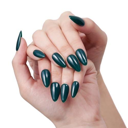 GLAMERMAID Dark Green Press on Nails Medium Almond, Holly Gel False Nail, Atrovirens Gloss Natural Stiletto Glue on Nails Kit for Women, Reusable Short Oval Stick on Acrylic Fake Nails Manicure Set - Image 1