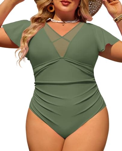 LA PRAJO Womens Tummy Control Swimsuits One Piece Modest Plus Size Bathing Suit Over 50 Mesh V Neck Full Coverage Swimming Suits 2026 Army Green 22 Plus - Image 1
