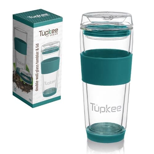 Tupkee Double Wall Glass Tumbler - 14-Ounce, All Glass Reusable Insulated Tea/Coffee Mug & Lid, Hand Blown Travel Mug - Cyan - Image 1