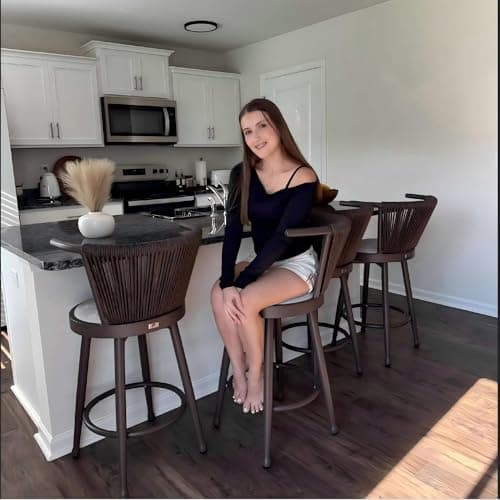PURPLE LEAF Outdoor Swivel Counter Height Bar Stools Set of 2 Metal Modern Wicker Bar Chairs Wraparound Back and Armrests Aluminum Woven Barstools with Cushions for Kitchen Balcony Garden Indoor Brown