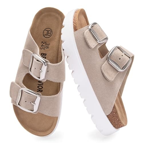 Women's Platform Sandals Suede Sandals with Adjustable Buckle Comfy Open-Toe Summer Slides for Indoor Outdoor Use, Non-Slip, Tan Size 5.5 - Image 1