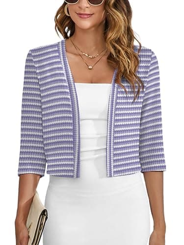 Heymoments Women's Thin Shrugs for Dresses Purple White Stripe X-Large Open Front Knit 3/4 Sleeve Lightweight Coat Cropped Tops Shawls and Wraps Cardigan Dressy Sweater Clothes - Image 1