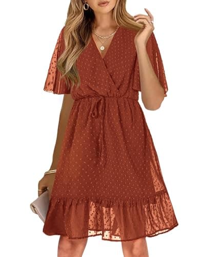 KIRUNDO Womens Summer Dresses 2026 Casual Spring Short Sleeve V Neck Ruffle Swiss Dot High Waist Belted Flowy Mini Dress(Style2-Brick Red, Large) - Image 1