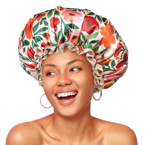 mikimini Large Shower Cap for Women Reusable Waterproof, Extra Large Hair Cap with Adjustable Elastic Band and Vibrant Floral Print, XL Bath Cap for Long Hair & Short Hair - Image 1