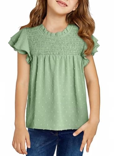 DOKOTOO KIDS Girls Shirts Teen Short Sleeve Dressy Tops Big Girl Blouse Tween Polka Swiss Dot Summer Cute Ruffle Crew Neck Casual Trendy Boho Church Trim Fashion Sage Green Outfit Size 10-11 Years - Image 1