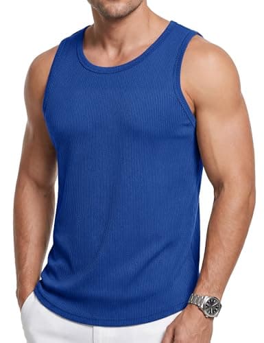 Cotrasen Sleeveless Shirts for Men Knit Ribbed Tank Top Casual Fitness T Shirt Running Cut Off Workout Beach Tee ColorBlue XL - Image 1
