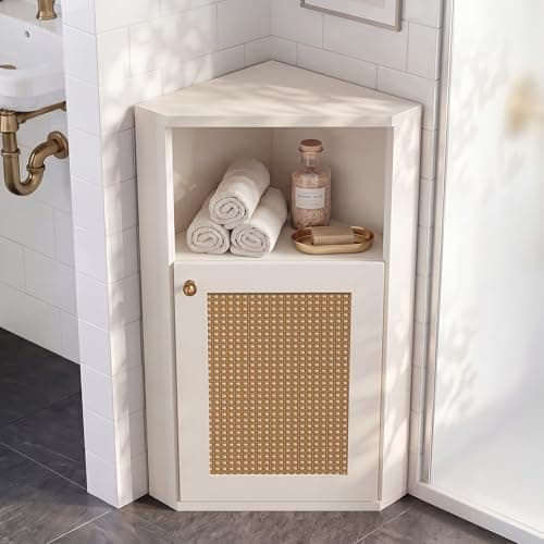 Corner Storage Cabinet for Bathroom, Small Triangle Cabinet with Rattan Doors, 750kg/m³ High-Density MDF Organizer, 90° Narrow Floor Cabinet with Adjustable Shelves, Anti-Tip Farmhouse Accent Unit - Image 1