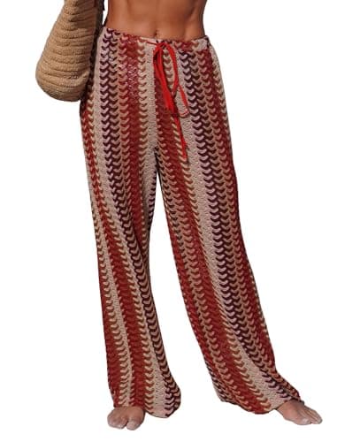 ZAFUL Womens Beach Cover Up Pants Sexy Crochet Drawstring Elastic Boho Swimsuit Cover Up Long Pants Beach Wear Red M - Image 1