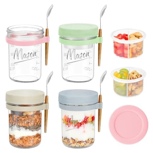 Xyptorix 4 Pack Overnight Oats Containers with Lids and Spoons, 16 oz Mason Jars with Removable Separate Compartments, Airtight and Leak-Proof Glass Jars for Chia Pudding, Yogurt, and Oatmeal - Image 1