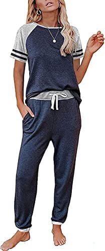 PRETTYGARDEN Women's Two Piece Outfits Jogger Sets Striped Short Sleeve Pullover and Long Pants Tracksuit Pajama Lounge Set(Dark Blue,Medium) - Image 1