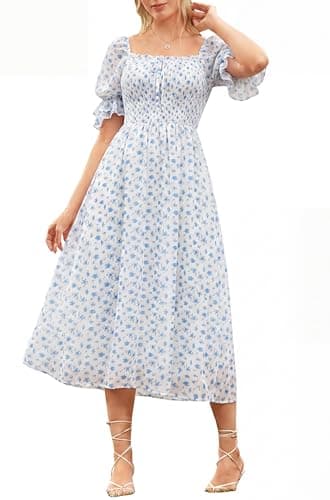 Scarlet Darkness 2026 Summer Floral Dress for Women Cottagecore Smocked Midi Dresses Light Blue Floral XXL - Image 1